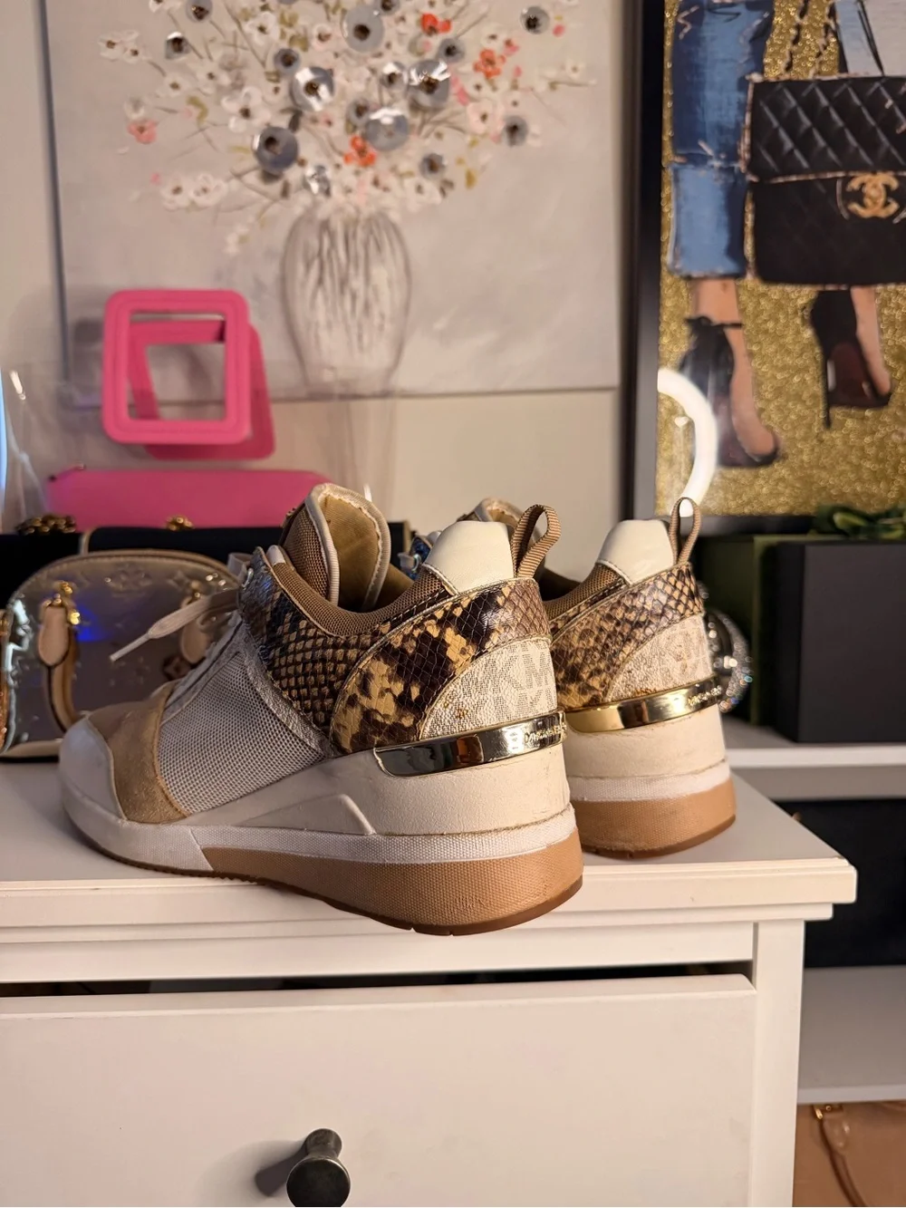 Michael Kors Beige and Snake-Print Platform Sneakers